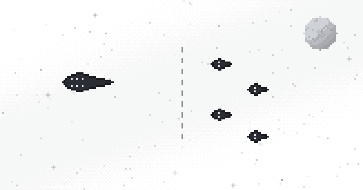 Pixel art of one large command ship facing a squad of four small ships across a dashed divider