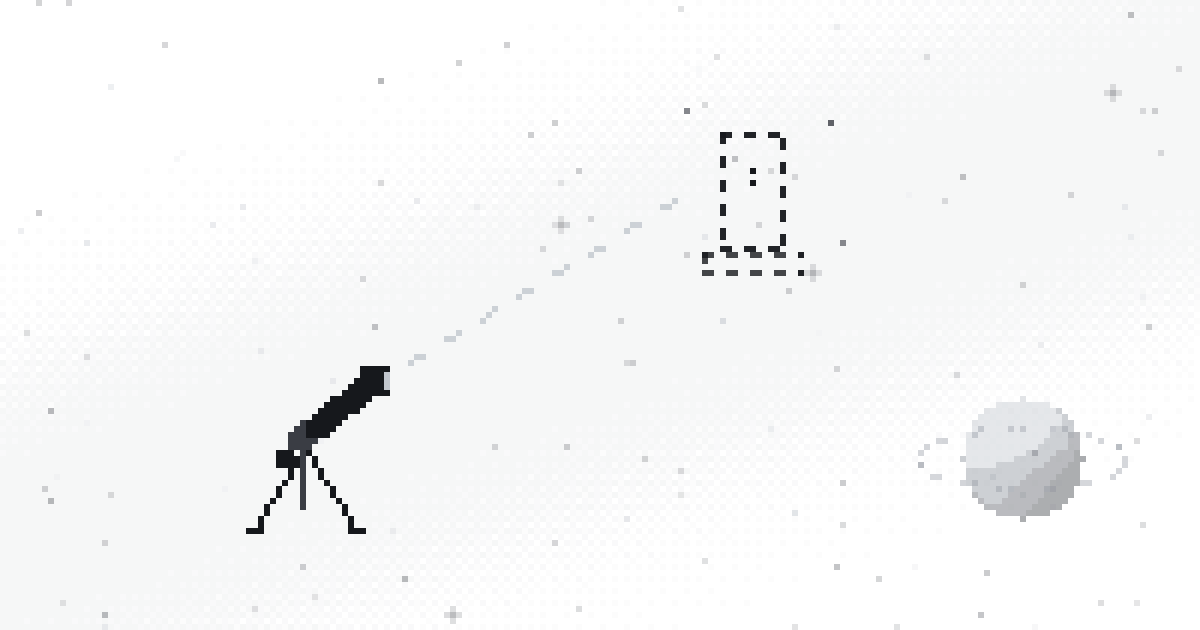 Pixel art of a telescope on a tripod aimed at a dashed blueprint rocket among the stars