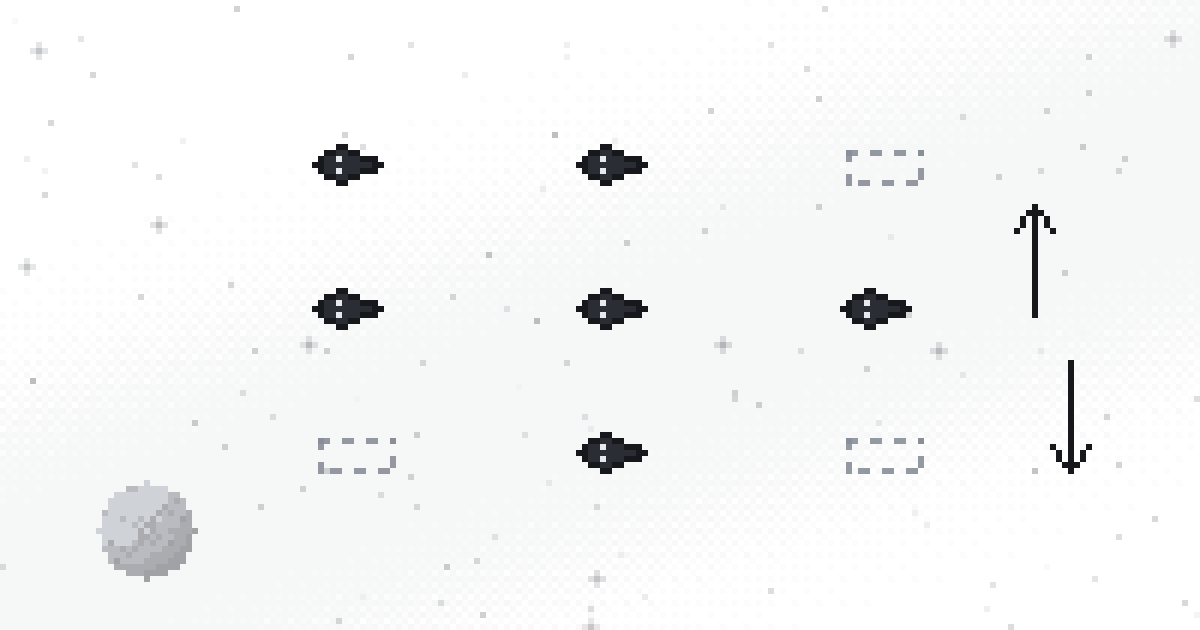 Pixel art of a fleet formation with solid ships and dashed empty slots, arrows pointing up and down