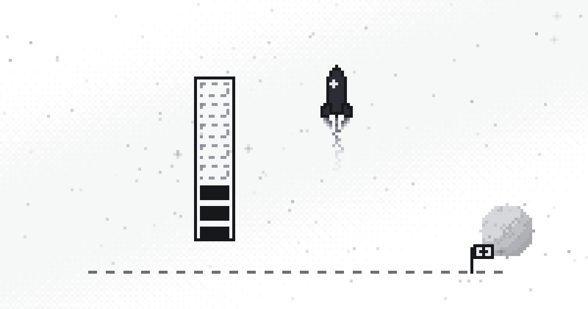 Pixel art of a rocket climbing beside a fuel gauge running low, above a dashed runway line
