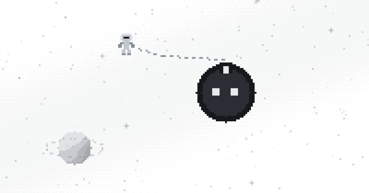 Pixel art of an astronaut on a tether approaching a capsule with an open, lit hatch